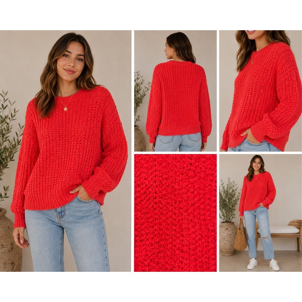 A New Day Chunky Knit Sweater Size Medium Bright Coral Pink Cozy Pullover